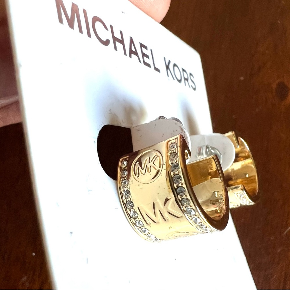 NWT Michael Kors Pave Logo Gold Plated Crystal Open Huggie Earrings - Picture 2 of 6